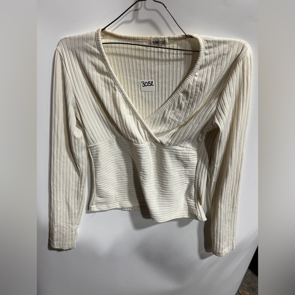 #3052-Cream Ribbed Wrap Top - Picture 2 of 4